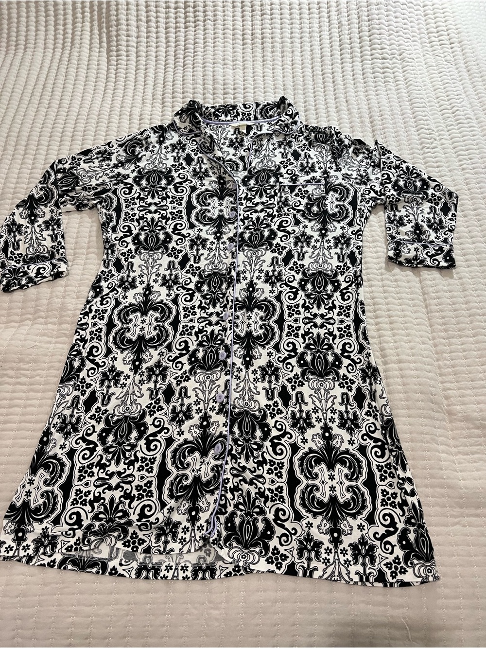 Soma Black and White Scroll Print Pajamas with Lilac Trim